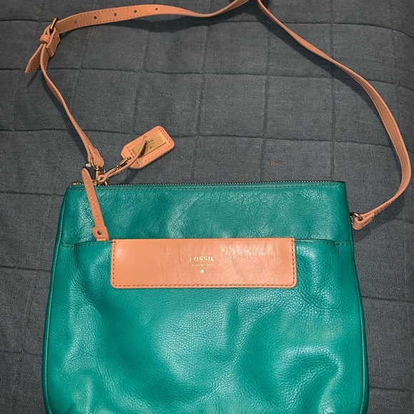 Fossil Teal and Tan Leather Crossbody Bag - Picture 1 of 9